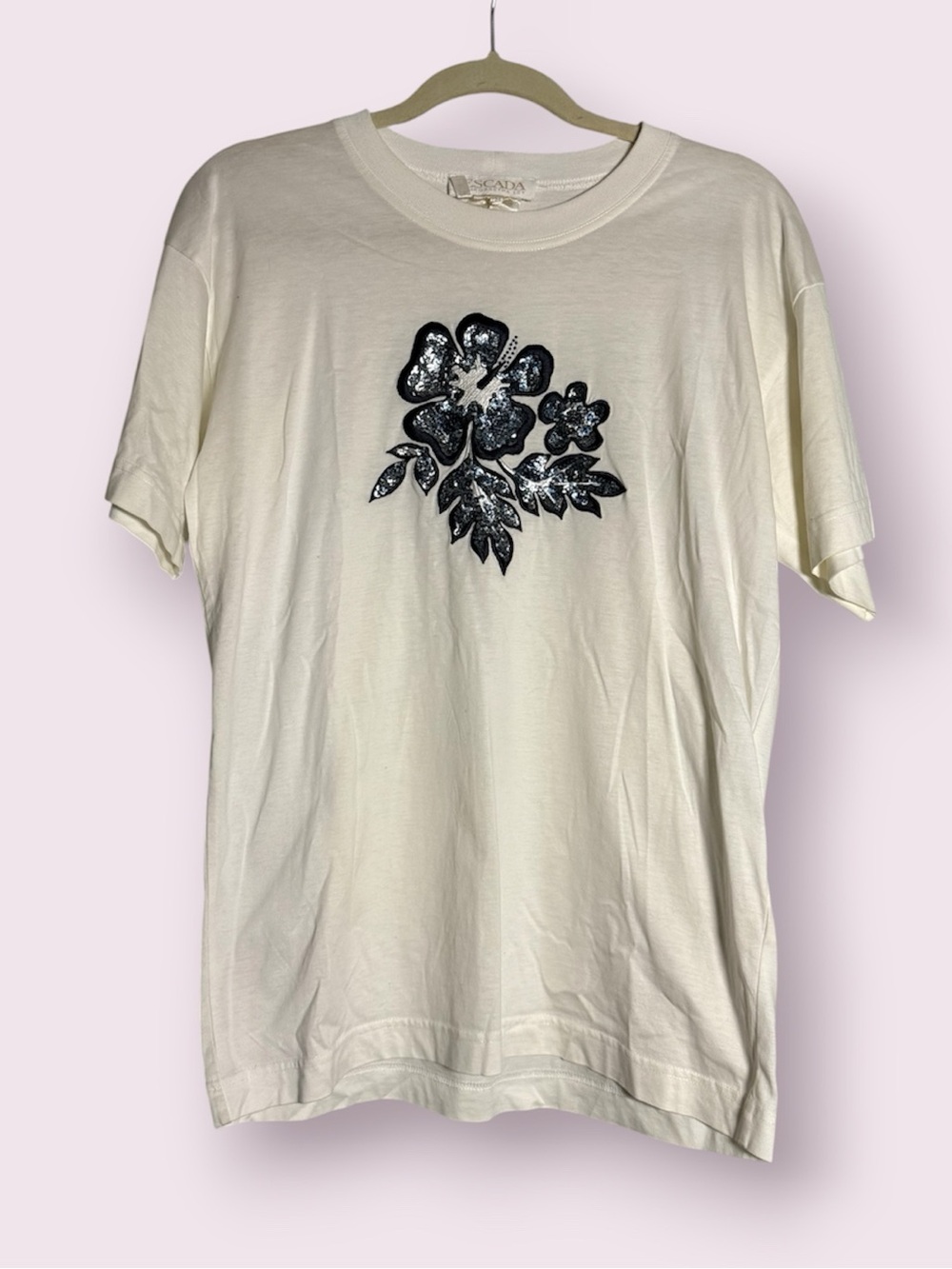 Escada White and Navy Blue Hibiscus Sequin Beaded Graphic Cotton Shirt Size 34